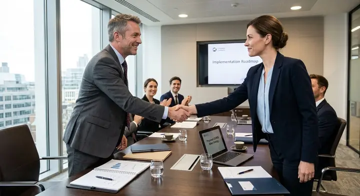 A consultant agreeing next steps with a client